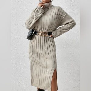 SHEIN Frenchy Turtleneck Drop Shoulder Split Hem Sweater Dress Without Belt
